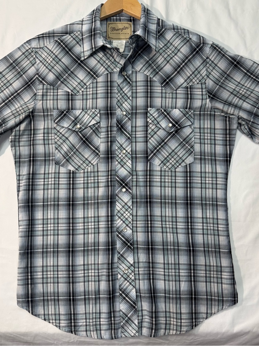 Wrangler Western Shirt Mens M Plaid Pearl Snap Cowboy Black Green White